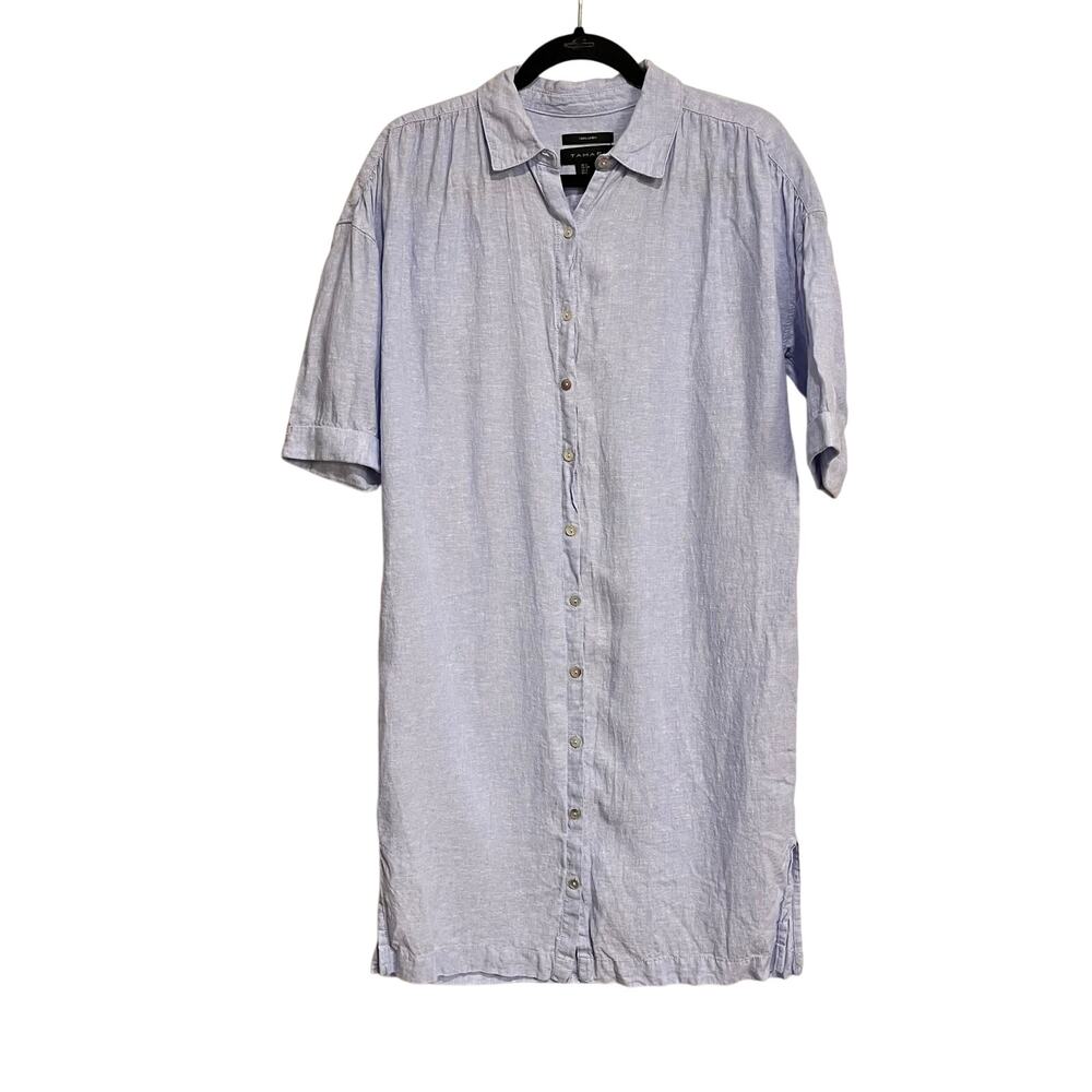 Tahari Shirt Dress Button Front‎ Tunic 100% Linen Flax Blue Lagenlook Size Small